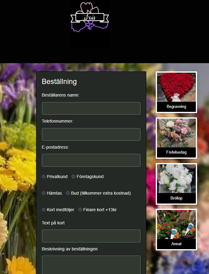 Beställningssidan för Iris Blommor